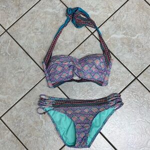 CREMIEUX Patterned Bandeau Halter Bikini Set in Teal and Lavender size large